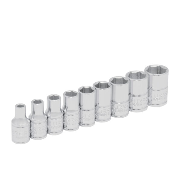 Juego de dados cuadro de 1/4", 6 puntas, métricos en riel, 9 piezas Urrea - Ferrechingón