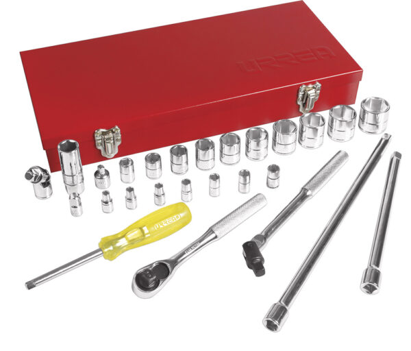 Juego de dados y accesorios cuadro de 1/4" y 3/8" en pulgadas, 27 piezas Urrea - Ferrechingón