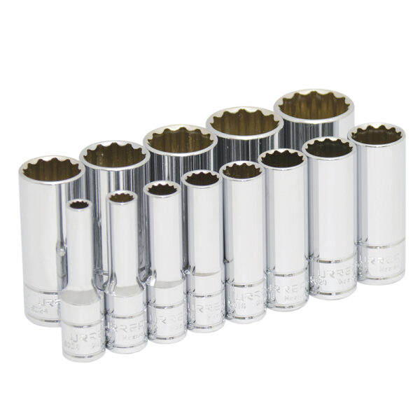 Juego de dados largos cuadro de 3/8", 12 puntas en pulgadas en riel, 13 piezas Urrea - Ferrechingón