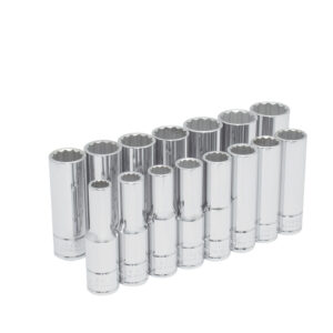 Juego de dados largos cuadro de 1/2", 12 puntas, métricos, 15 piezas Urrea Juego de dados largos cuadro de 1/2", 12 puntas, métricos, 15 piezas Urrea - Ferrechingón
