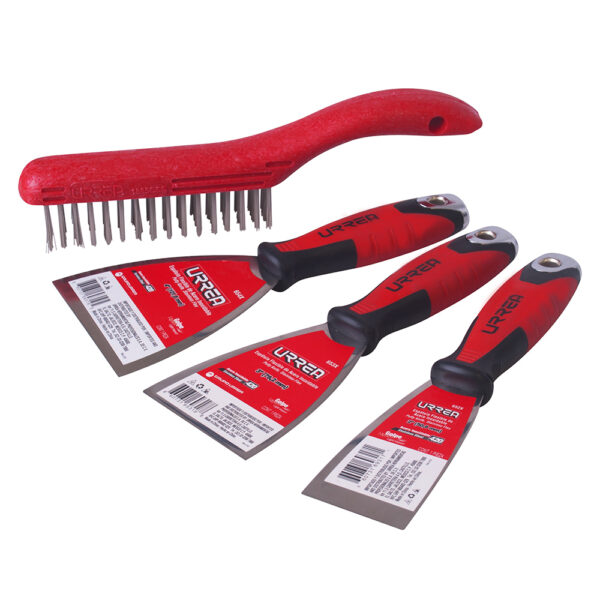 Juego de espátulas flexibles de acero inoxidable con mango bimaterial y cepillo, 4 piezas Urrea - Ferrechingón