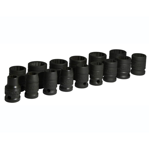 Juego de dados de impacto cuadro de 1/2", 12 puntas, métricos, 15 piezas Urrea Juego de dados de impacto cuadro de 1/2", 12 puntas, métricos, 15 piezas Urrea - Ferrechingón