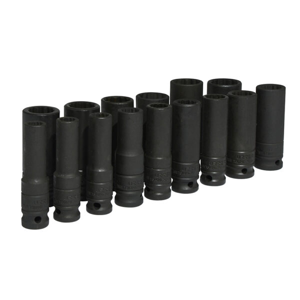 Juego de dados largos de impacto cuadro de 1/2", 12 puntas, métricos, 15 piezas Urrea Juego de dados largos de impacto cuadro de 1/2", 12 puntas, métricos, 15 piezas Urrea - Ferrechingón