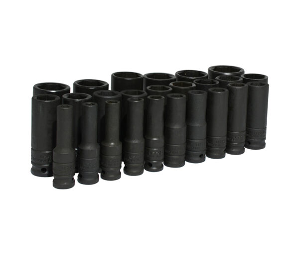 Juego de dados largos de impacto cuadro de 1/2", 6 puntas, métricos, 25 piezas Urrea Juego de dados largos de impacto cuadro de 1/2", 6 puntas, métricos, 25 piezas Urrea - Ferrechingón