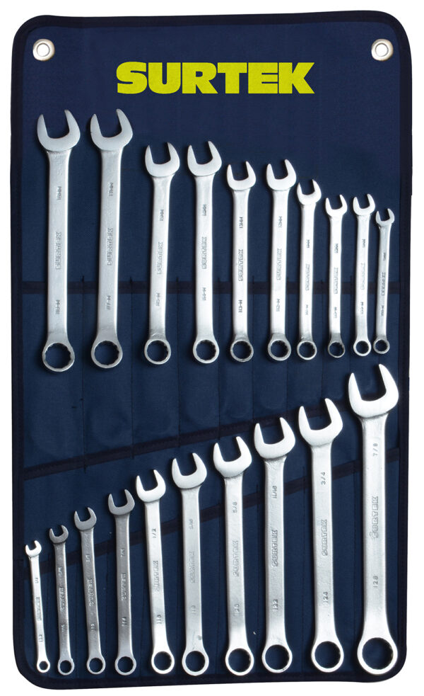 Juego de llaves combinadas satinadas en pulgadas y métricas, 12 puntas, 20 piezas Surtek Juego de llaves combinadas satinadas en pulgadas y métricas, 12 puntas, 20 piezas Surtek - Ferrechingón