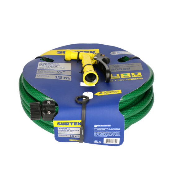 Manguera para jardín tramada 1/2", 15 m con pistola para riego Surtek - Ferrechingón