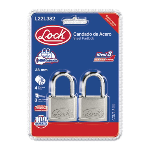 Juego de candados de acero largos 38 mm, llave estándar, 2 piezas Lock - Ferrechingón