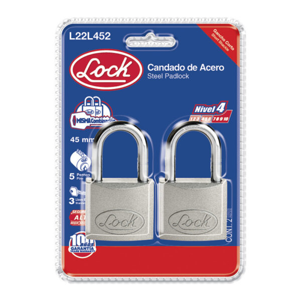 Juego de candados de acero largos 45 mm, llave estándar, 2 piezas Lock - Ferrechingón